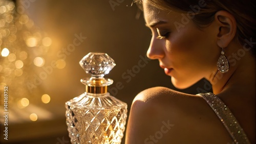 Elegant woman with a crystal bottle, illuminated by soft bokeh lights.