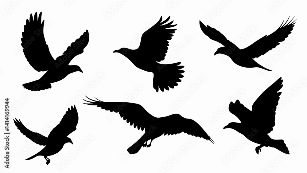 Obraz premium Flock of flying birds silhouette vector on white background