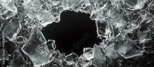 Shattered ice hole, dark background, abstract texture