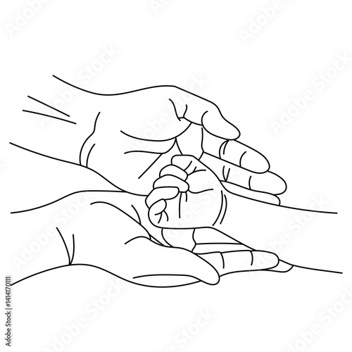 Vector illustration of baby hand embraced by two open parent hands, expressing protection and warmth