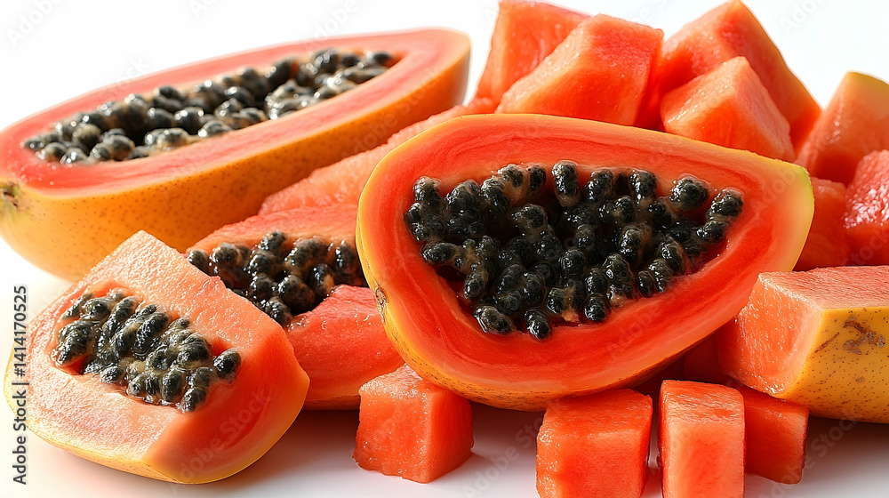 Sliced Papaya Displaying Seeds and Vibrant Orange Flesh on a Whi Sliced Papaya Displaying Seeds and Vibrant Orange Flesh on a Whi