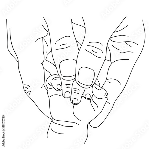 Vector drawing of baby hand holding adult finger from above, minimalist line style with tender emotion