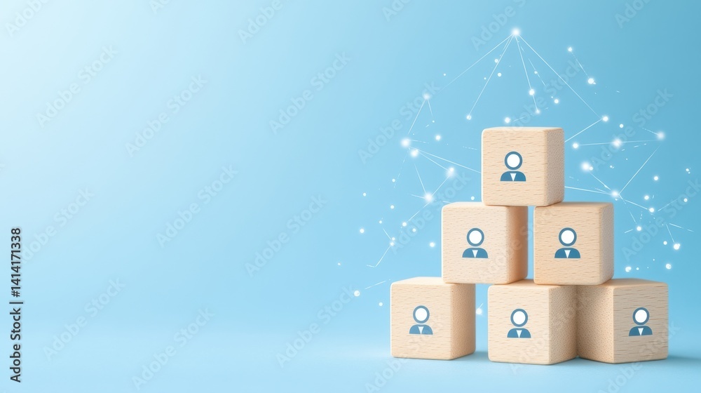 Wooden cubes with human icons arranged in a pyramid on a blue background, symbolizing business hierarchy and team selection.