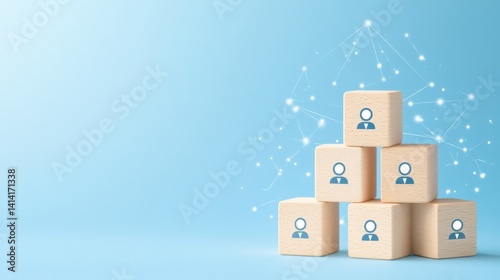 Obraz na płótnie Wooden cubes with human icons arranged in a pyramid on a blue background, symbolizing business hierarchy and team selection. w salonie