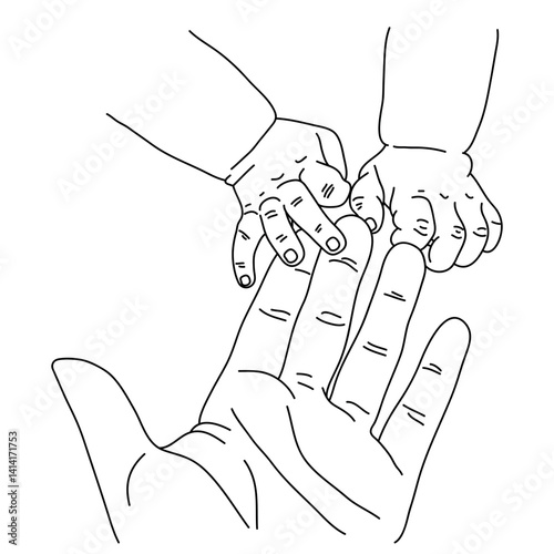Vector sketch of baby twins touching adult hand, minimalist symbol of dual connection and love