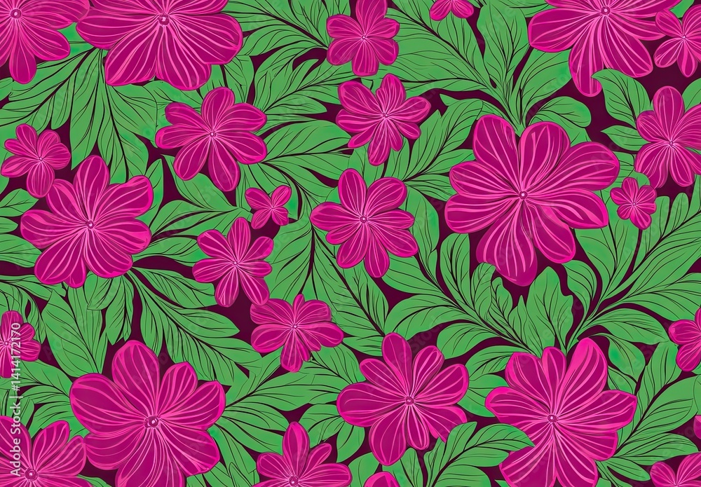 Fototapeta premium Tropical leaves and flowers seamless pattern, pink and green color scheme