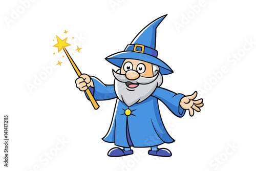 Cartoon Wizard Casting Sparkly Spell Illustration