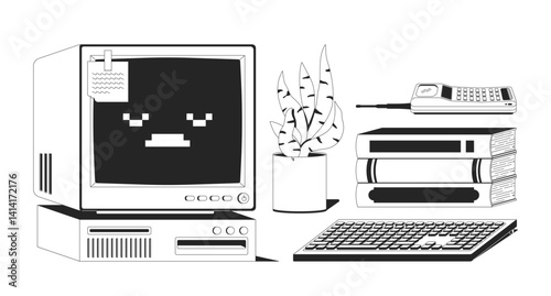Retro computer keyboard with books, plant, phone 2D line objects set. Vintage monitor, 90s office, oldschool tech isolated cliparts vector ink outline items. Monochrome spot illustrations collection