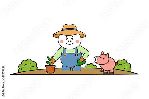 Cute Farmer Pig in Garden Illustration