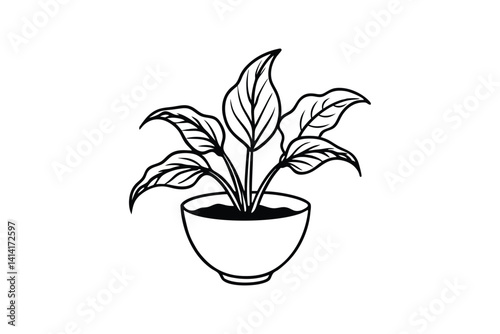 Black and white line art drawing of a peace lily in a wide ceramic bowl.eps