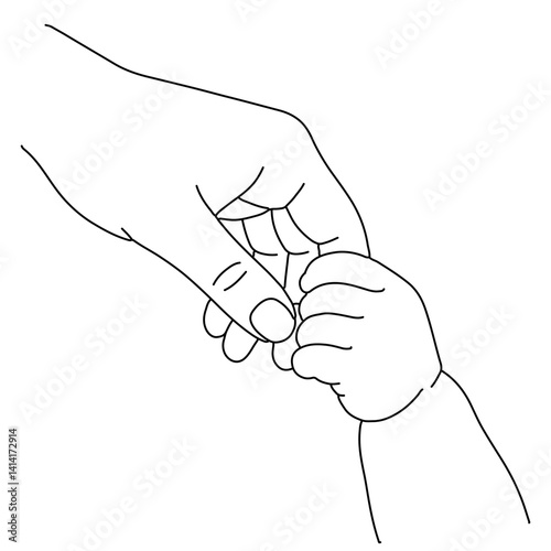 Vector line drawing of a baby grasping an adult’s finger, symbolizing trust, care and bonding