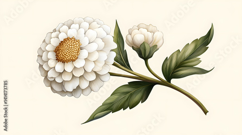White Dahlia and Bud Botanical Illustration