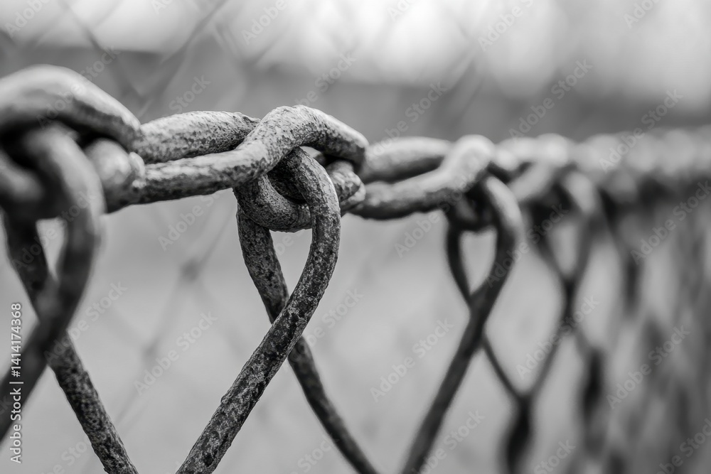 A detailed close-up view of a weathered chain link fence showcasing its rustic texture and strong connections, set against a monochrome backdrop. A detailed close-up view of a weathered chain link fence showcasing its rustic texture and strong connections, set against a monochrome backdrop.