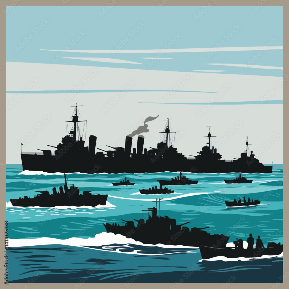 Fototapeta premium WWII D-Day Commemoration Vector Design Pack – June 6, 1944 Tribute Featuring Soldiers, Typography, Ships, Airplanes, and Military Emblems in Solid Color Format