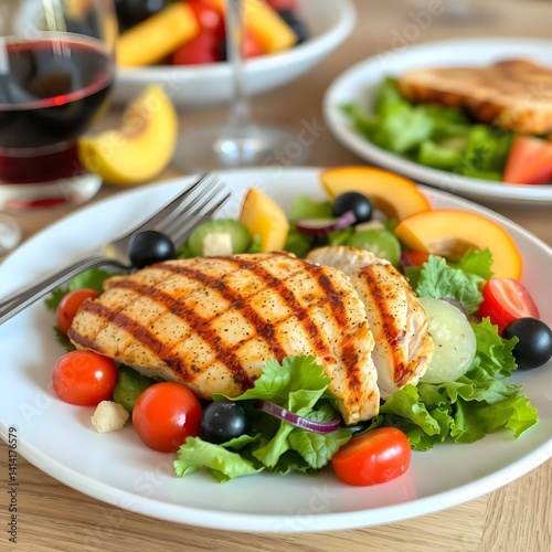 Ensalada de pechuga de pollo asado. Vino.
