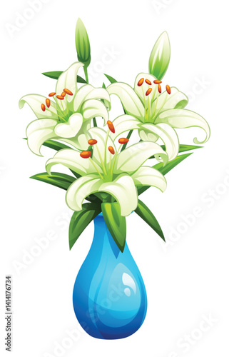 White lily flowers in blue vase with leaves. Vector cartoon illustration