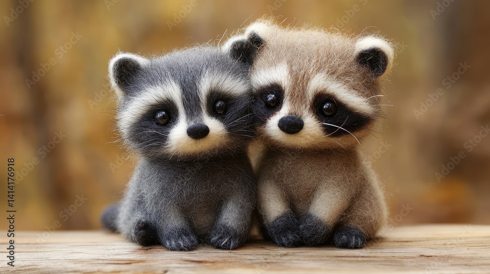 Obraz premium Adorable felt raccoons in natural setting with autumn background
