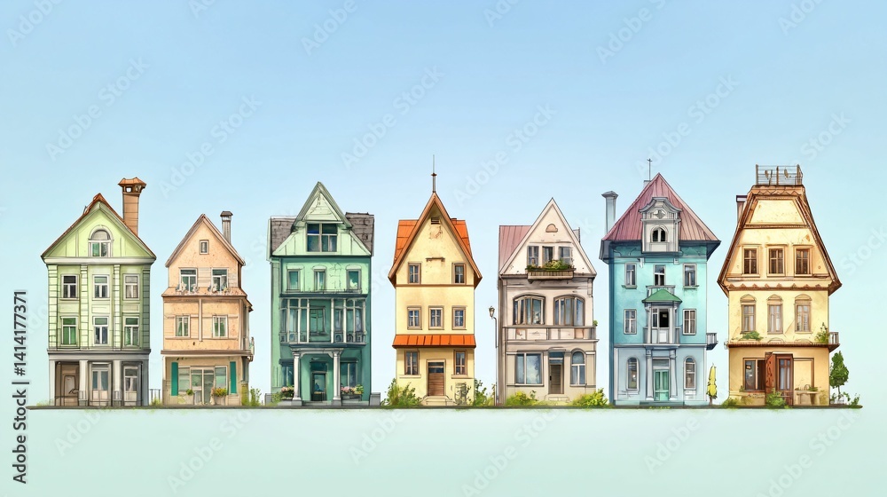 Naklejka premium Colorful Row of Distinctive Architectural House Designs and Styles