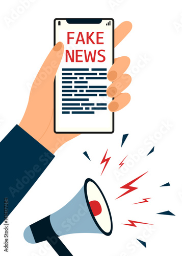 Fake News concept. Megaphone and hand holding a phone. Disinformation, false information. Vector illustration on white background. 