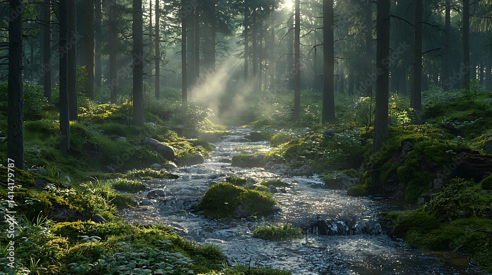 Misty forest stream. Sunlight streams through trees Misty forest stream. Sunlight streams through trees
