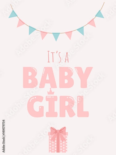 Birthday card for a little girl with garlands and a cute pink gift