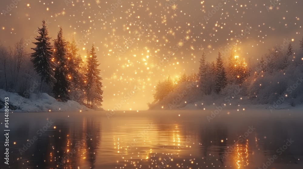 Enchanting winter landscape with glittering lights over calm river Enchanting winter landscape with glittering lights over calm river