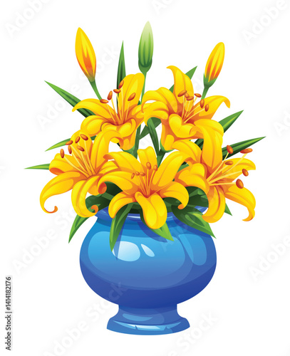 Yellow lily bouquet in a blue ceramic vase, full of bloom and green leaves. Vector cartoon illustration
