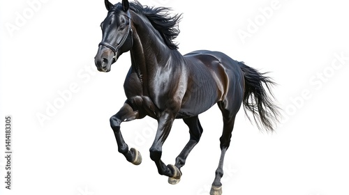 Black horse in a dynamic gallop.  A powerful  sleek  dark horse in full stride  against a pure white background.  Its mane and tail flow freely