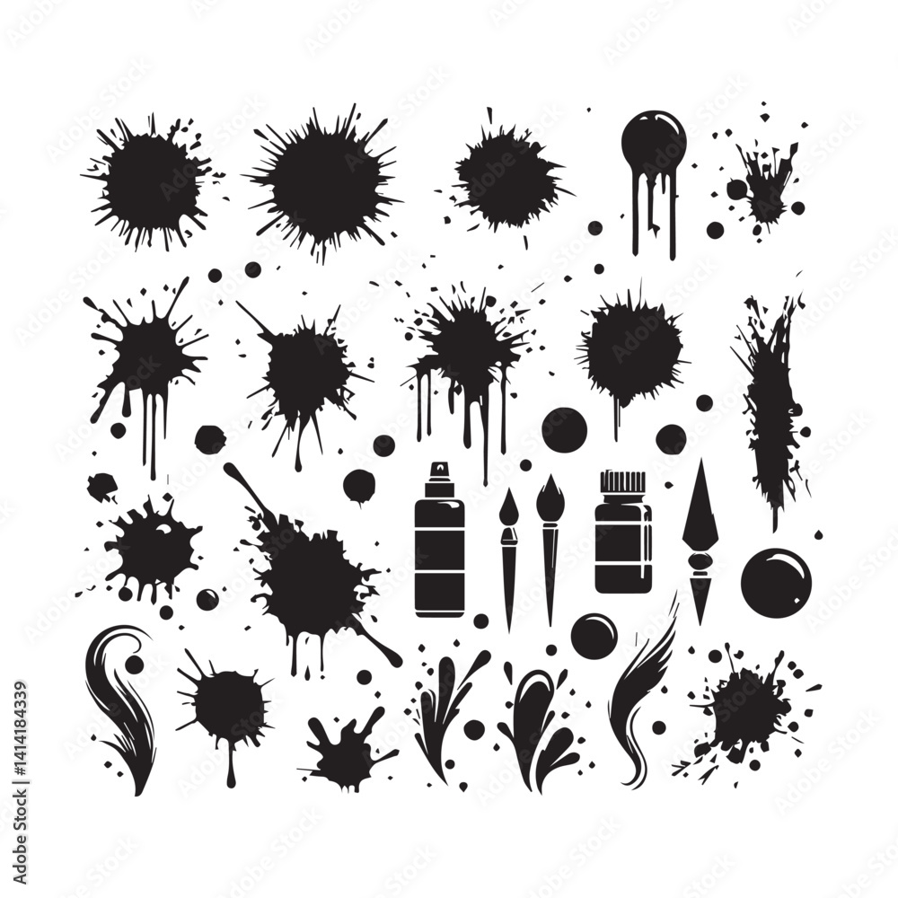 Set of grunge ink splatter. Splash of paints, spray drops, wet paint drop collection. Kit with design elements: splash and drip , blob spray. silhouette vector white background 