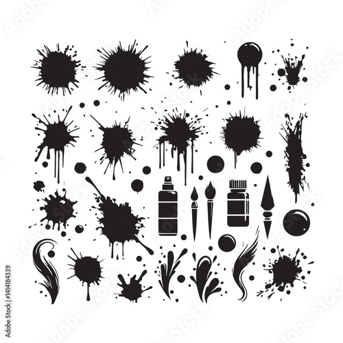 Set of grunge ink splatter. Splash of paints, spray drops, wet paint drop collection. Kit with design elements: splash and drip , blob spray. silhouette vector white background 