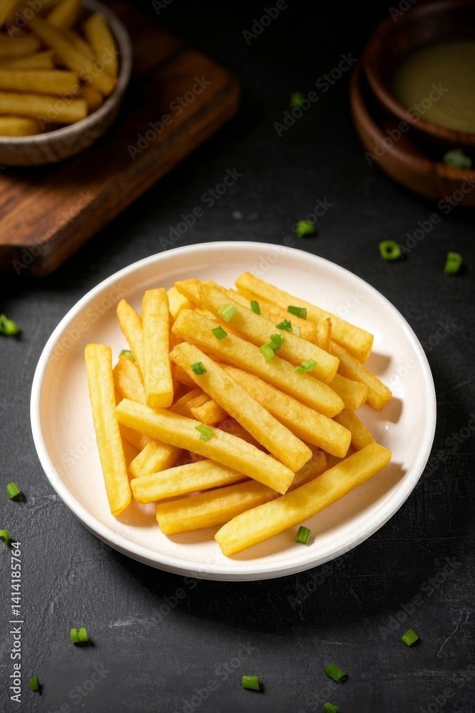 there is a plate of french fries with green onions on it there is a plate of french fries with green onions on it
