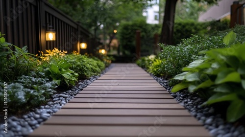 Wooden pathway leads through lush garden illuminated by warm lights showcasing landscape design and serene atmosphere. Focus on plants and pathway with bokeh effect in the background