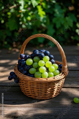 a close up of a basket of grapes on a wooden table
