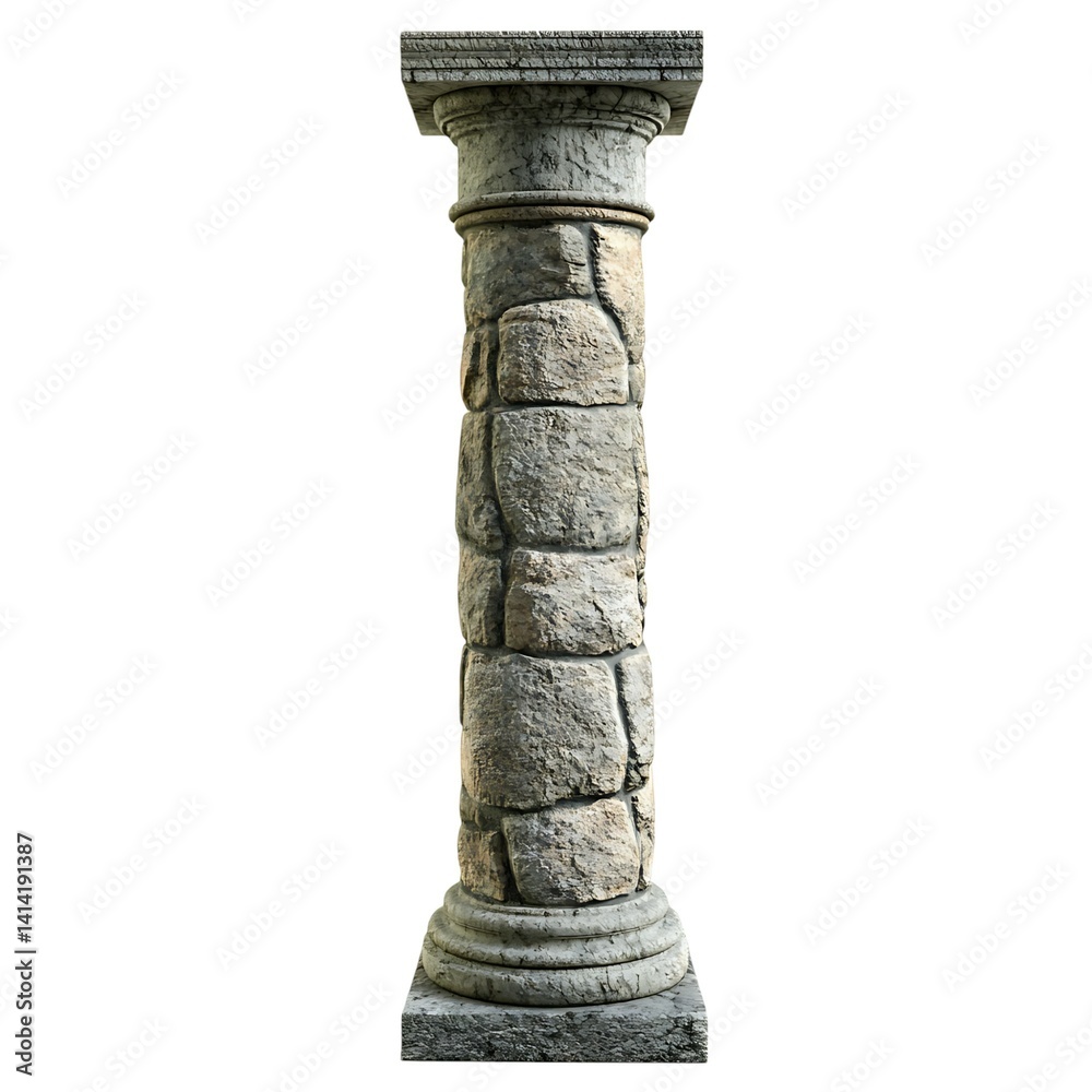 Old round stone pillar built with uneven rocks and capped top and base showing weathered texture and age placed on a transparent background