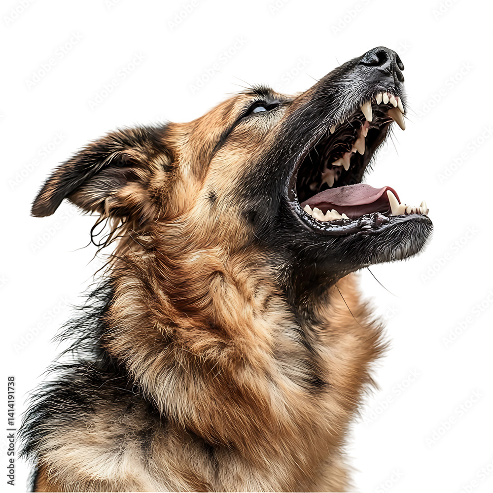 Detailed closeup of a brown dog with open mouth showing teeth and tongue in a loud bark or roar expression with rich fur on a transparent background
