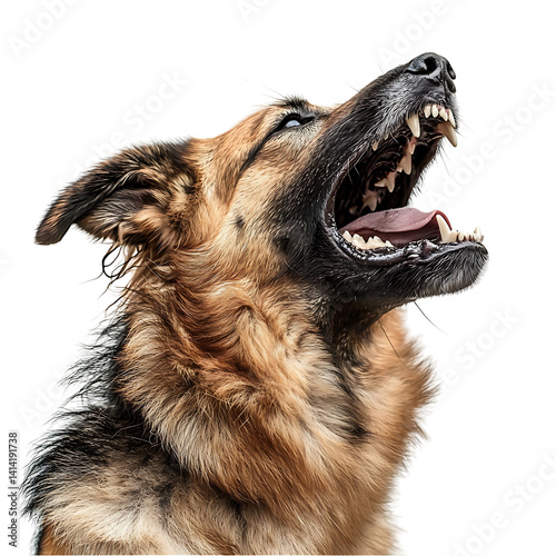Obraz na płótnie Detailed closeup of a brown dog with open mouth showing teeth and tongue in a loud bark or roar expression with rich fur on a transparent background w salonie