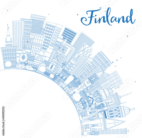 Outline Finland city skyline with blue buildings and copy space. Historic and modern architecture. Finland cityscape with landmarks. Helsinki. Espoo. Vantaa. Oulu. Turku.