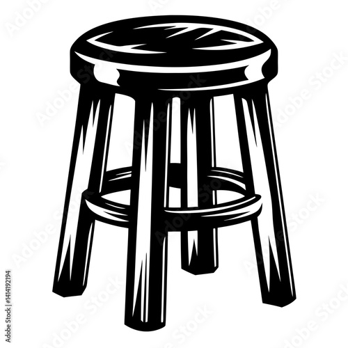 Striking monochrome illustration of a classic wooden stool with a footrest ring