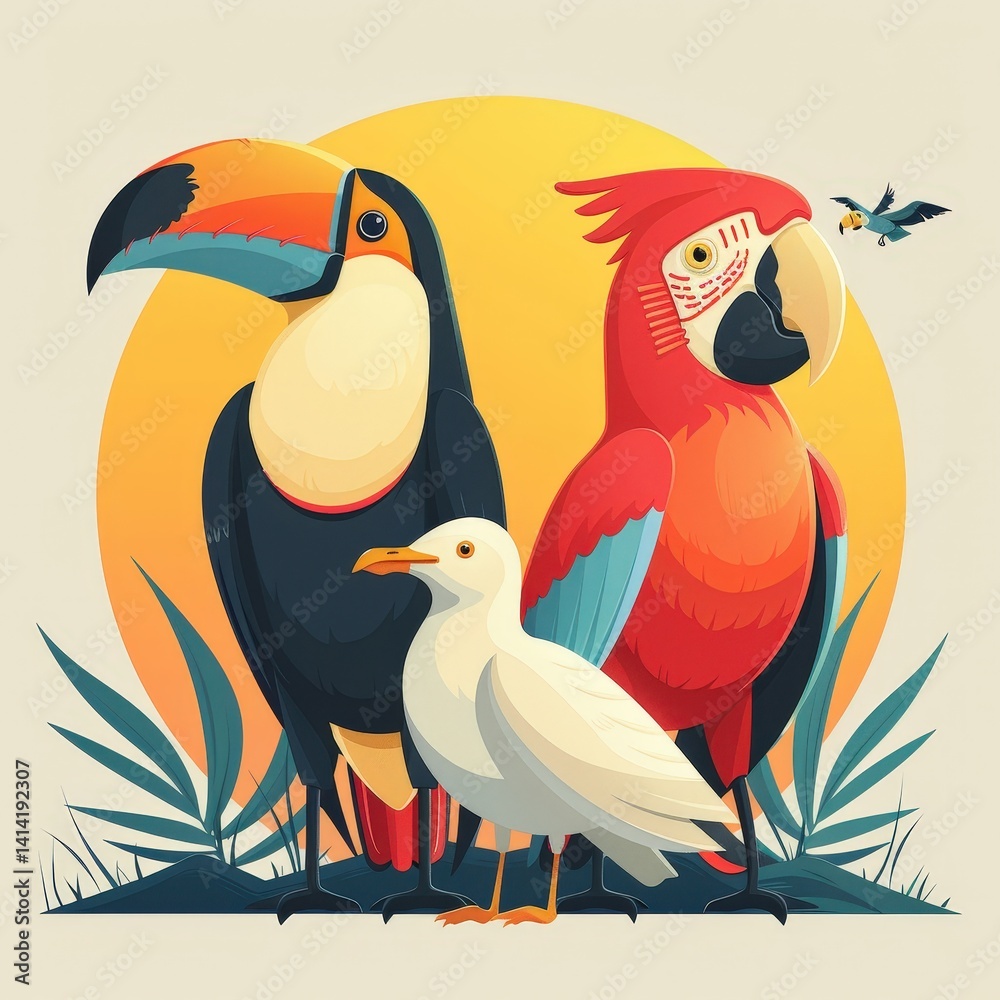 Obraz premium a set of 4 tropical birds associated with summer, including toucan, parrot, seagull, and flamingo, each centered and clearly separated on a clean white background