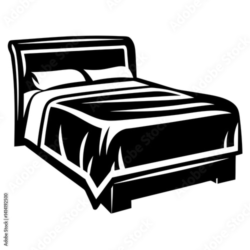 Black and white illustration of a stylized bed with pillows and covers