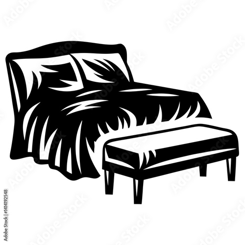Abstract Black and White Bed with Bench Illustration for Home Decor