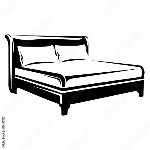 Stylized Black and White Illustration of a Bed with Pillows