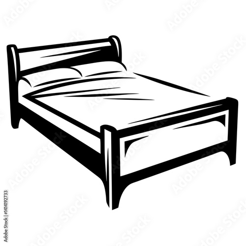 Bold black and white line art rendering of a fully made bed
