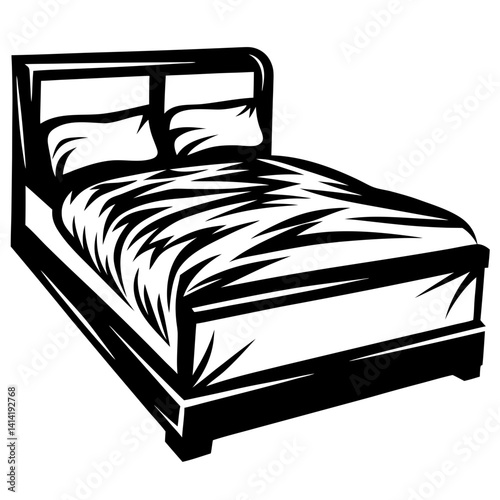 Black and white bed design illustration, modern bedroom furnishing, art style