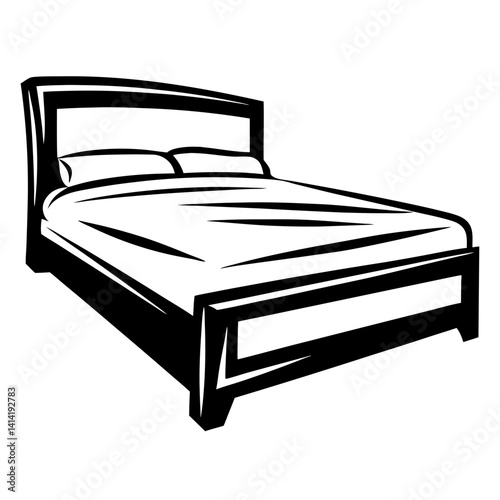 Stylized black and white illustration of a bed with headboard and pillows