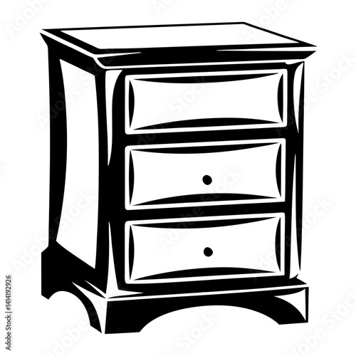 Graphic illustration of a three drawer nightstand in black and white