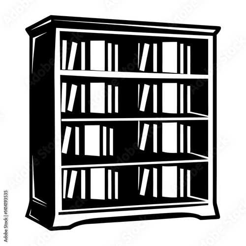 Black and white drawing of a bookshelf filled with books illustration