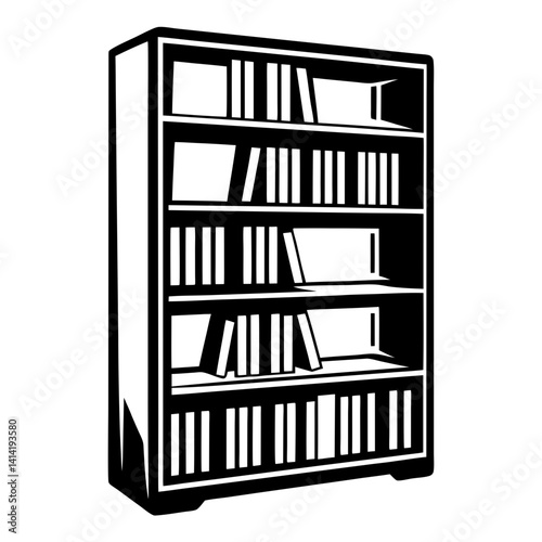 Stylized black and white illustration of a tall bookshelf full of books
