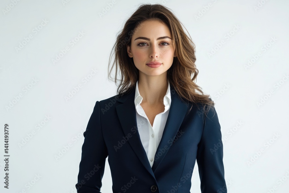 Confident young businesswoman in a navy blue blazer and white shirt, posing against a white background.