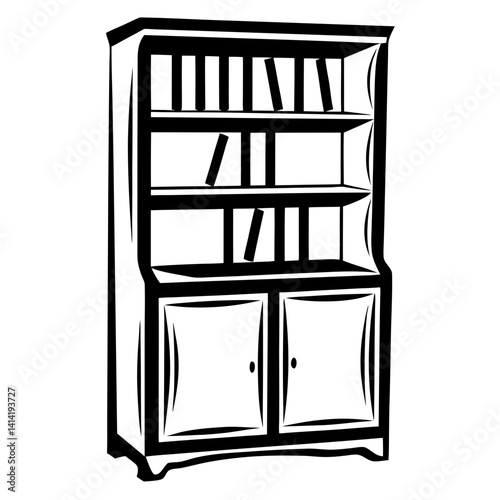 Stylized Black and White Illustration of a Traditional Bookcase with Stored Books